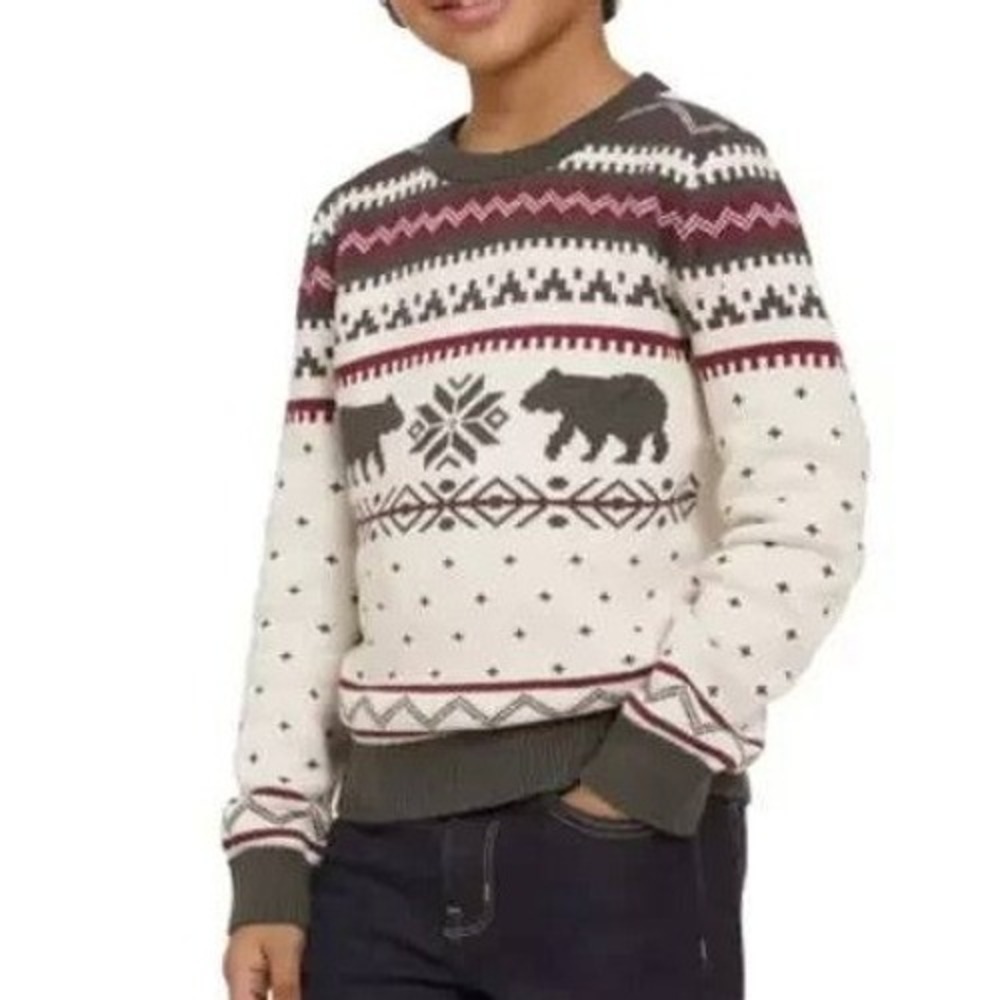 NWT Lands' End Boys Holiday Fair Isle Bear Sweater Ivory Gray Red S 7/8
